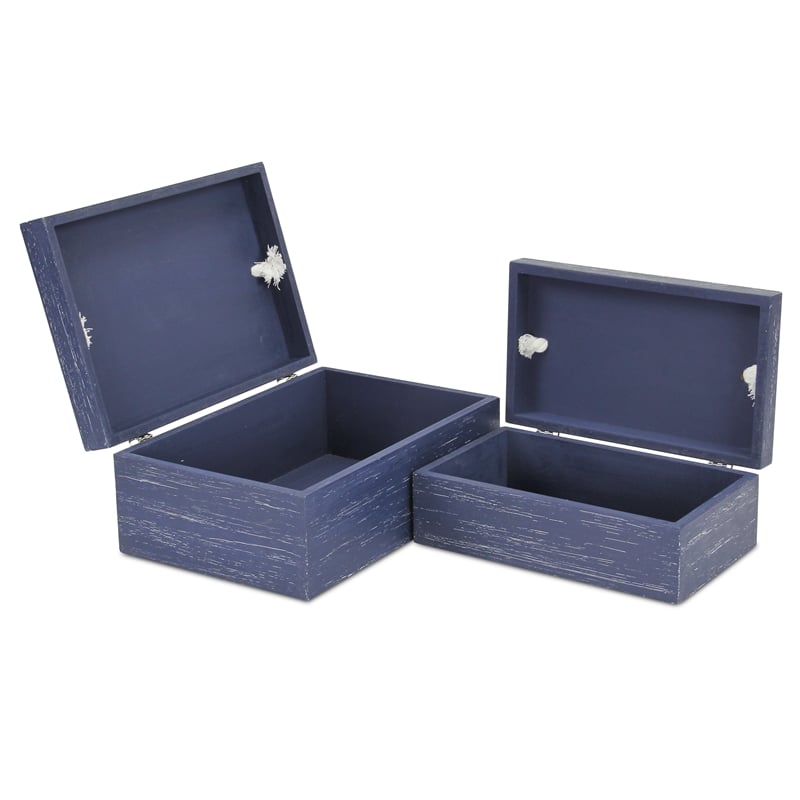 Pemberly Row 2 Piece Rectangular Wood Storage Box Set in Blue with Rope Accent