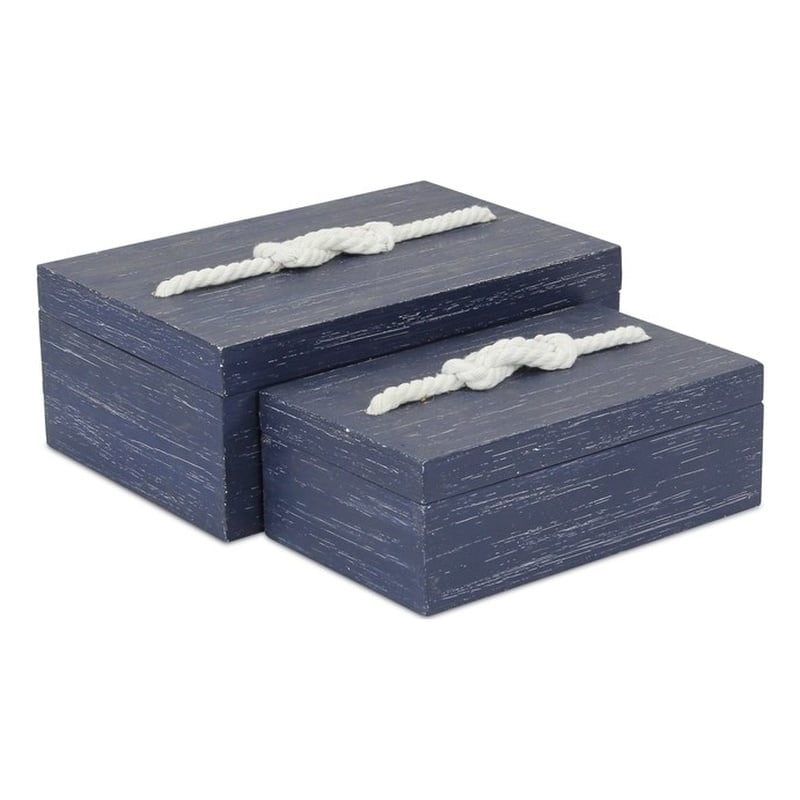 Pemberly Row 2 Piece Rectangular Wood Storage Box Set in Blue with Rope Accent