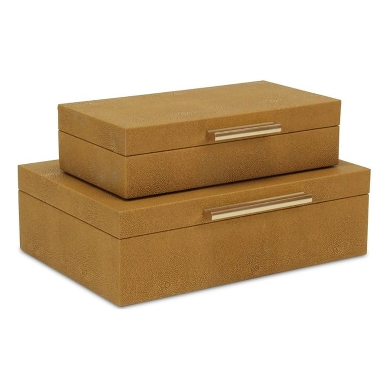 Pemberly Row Set of 2 Rectangular Box Set in Camel Brown Faux Shagreen