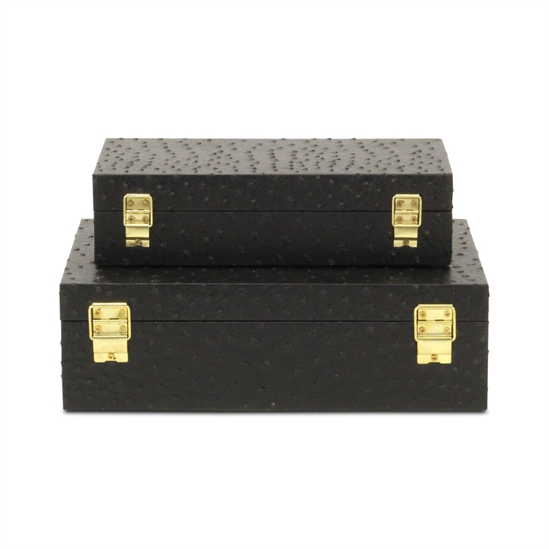 Pemberly Row Faux Ostrich Pattern Rectangular Box Set of 2 in Black