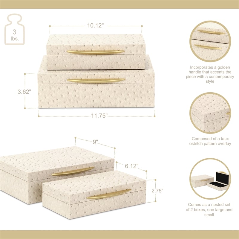 Pemberly Row Faux Ostrich Pattern Rectangular Box Set of 2 in Cream