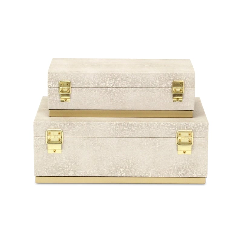 Pemberly Row Rectangular Gold Accented Box Set of 2 in Cream Faux Shagreen
