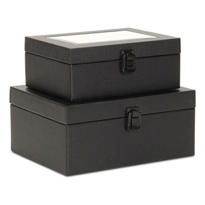 Pemberly Row Vinyl Woven Pattern Mirrored Box Set of 2 in Black
