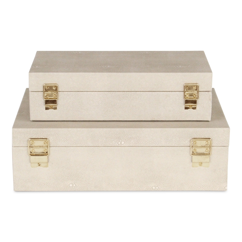 Pemberly Row Rectangular Decorative Box Set of 2 in Cream Faux Shagreen