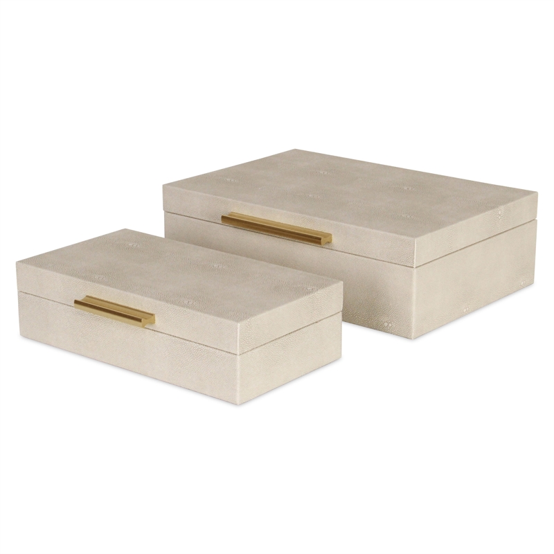 Pemberly Row Rectangular Decorative Box Set of 2 in Cream Faux Shagreen