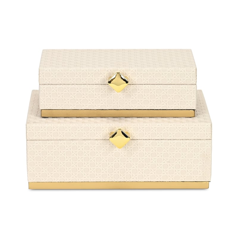 Pemberly Row Vinyl Rattan Rectangular Box Set of 2 in White with Gold Metal Base