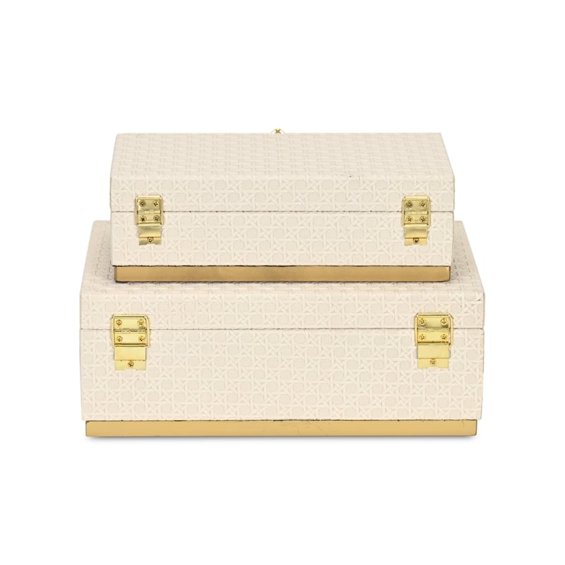 Pemberly Row Vinyl Rattan Rectangular Box Set of 2 in White with Gold Metal Base