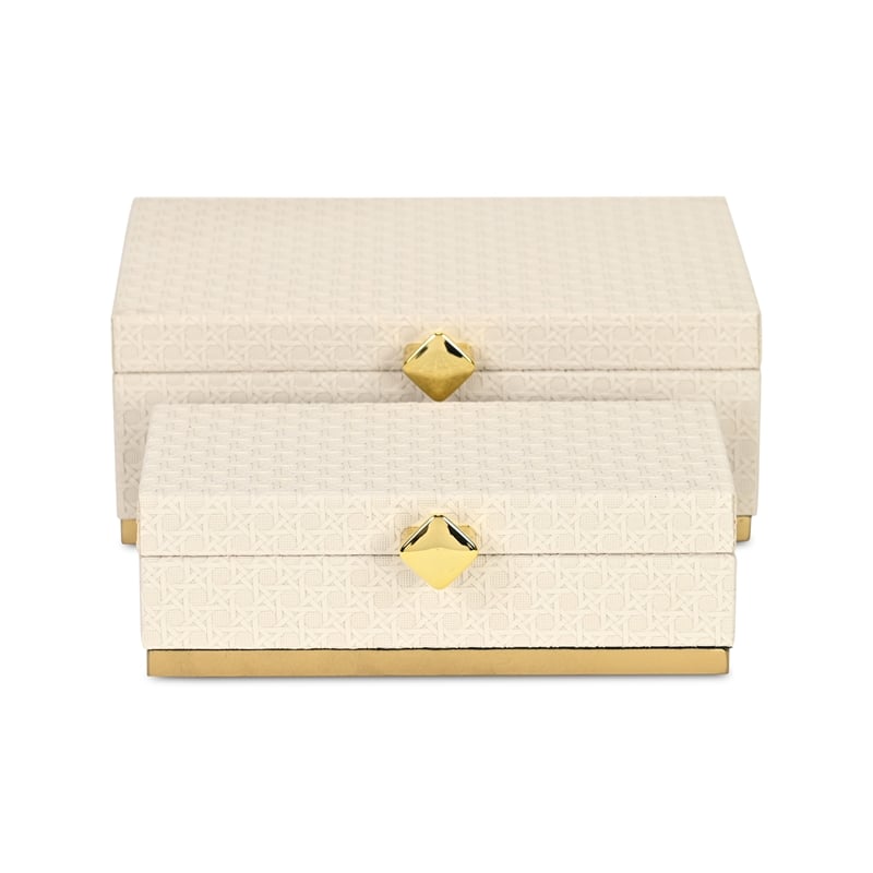 Pemberly Row Vinyl Rattan Rectangular Box Set of 2 in White with Gold Metal Base