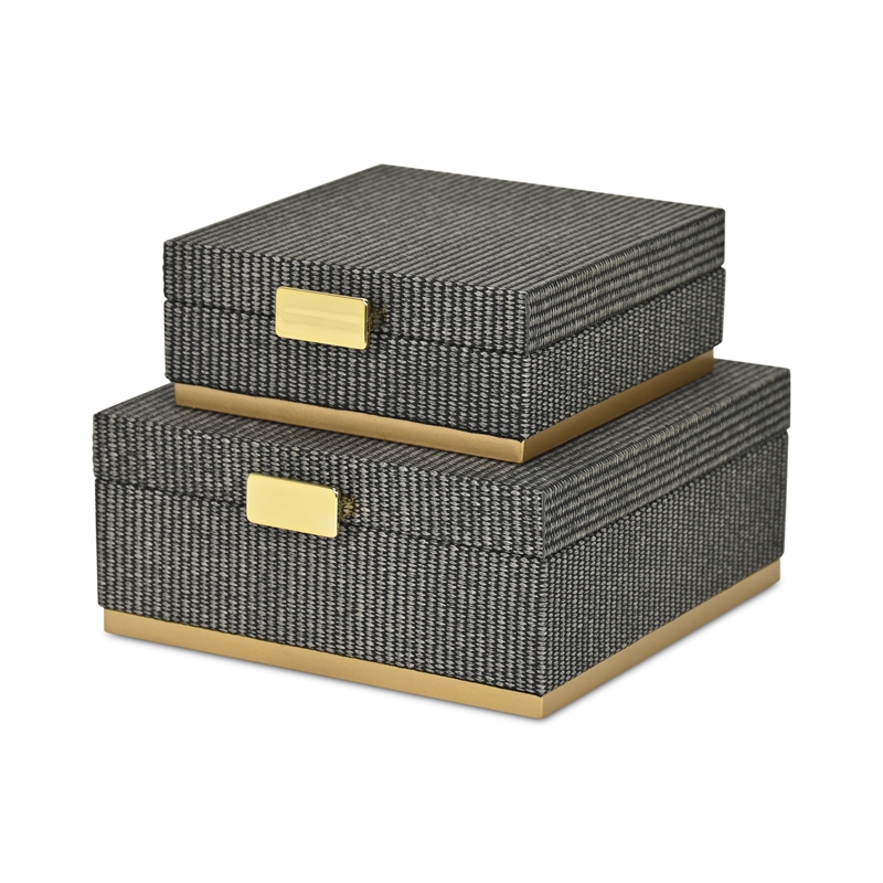 Pemberly Row Gray Woven Themed Square Box Set of 2 with Gold Metal Base