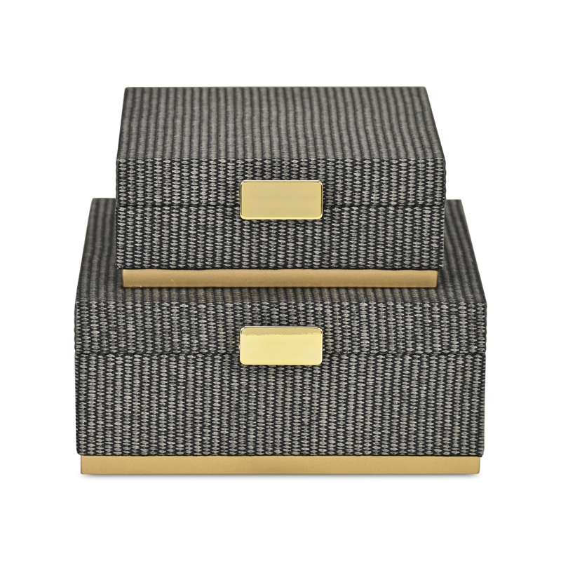 Pemberly Row Gray Woven Themed Square Box Set of 2 with Gold Metal Base