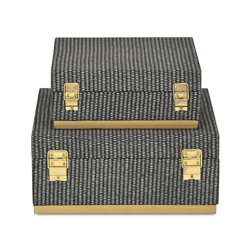 Pemberly Row Gray Woven Themed Square Box Set of 2 with Gold Metal Base