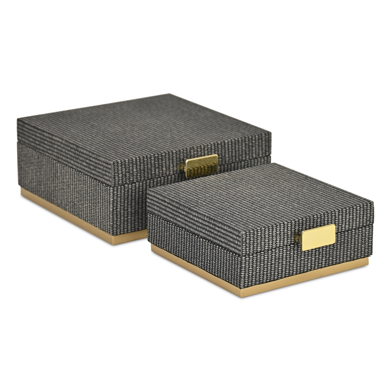 Pemberly Row Gray Woven Themed Square Box Set of 2 with Gold Metal Base