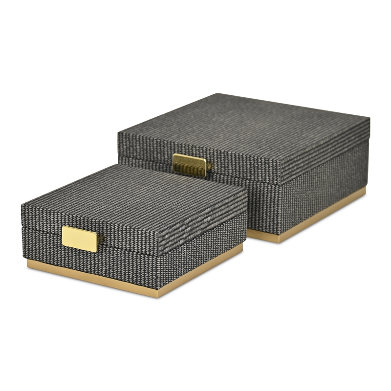 Pemberly Row Gray Woven Themed Square Box Set of 2 with Gold Metal Base