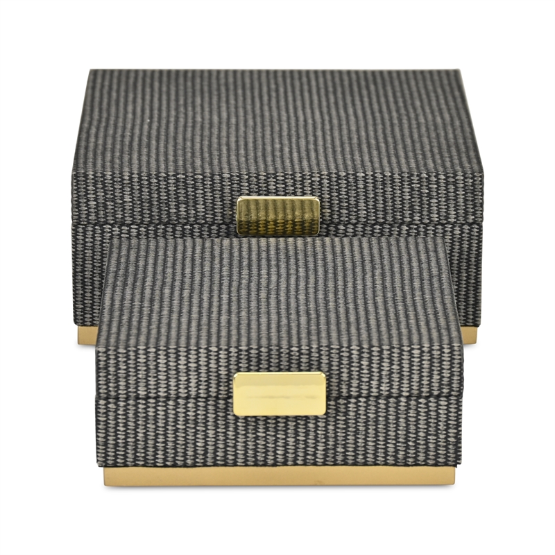 Pemberly Row Gray Woven Themed Square Box Set of 2 with Gold Metal Base