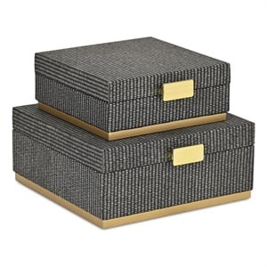 Pemberly Row Gray Woven Themed Square Box Set of 2 with Gold Metal Base