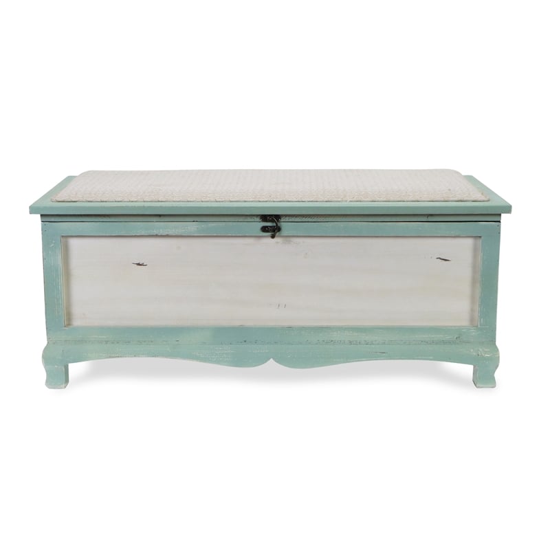 Pemberly Row Shabby-Chic Seafoam Green Cushioned Wood Bench Chest with Storage