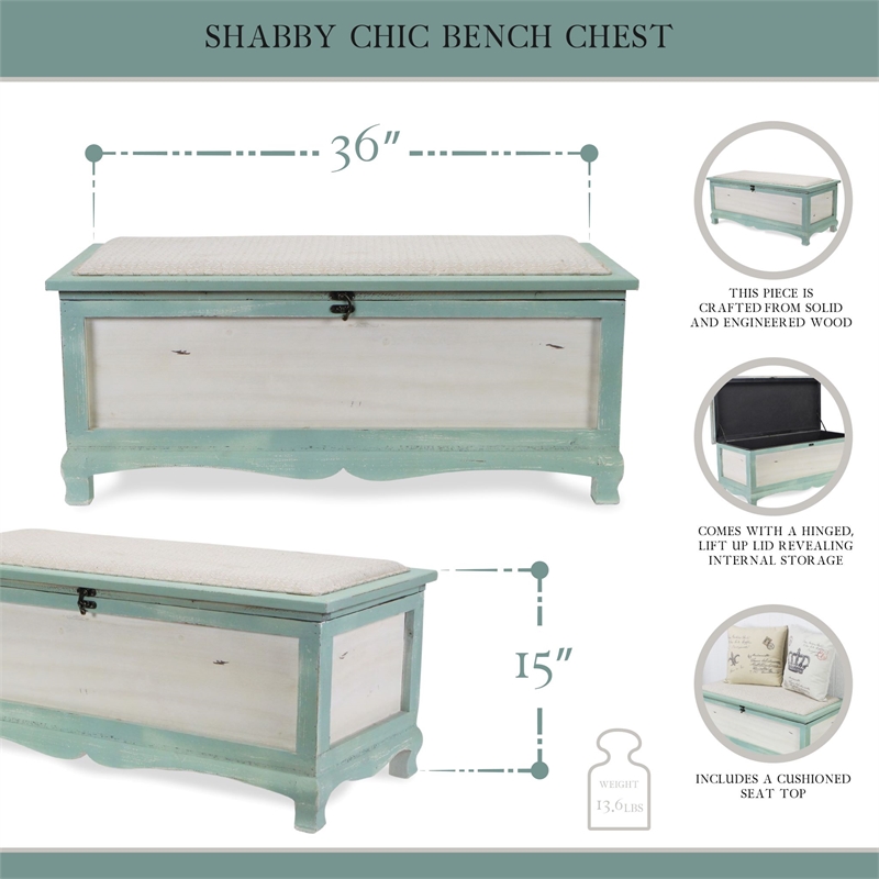 Pemberly Row Shabby-Chic Seafoam Green Cushioned Wood Bench Chest with Storage