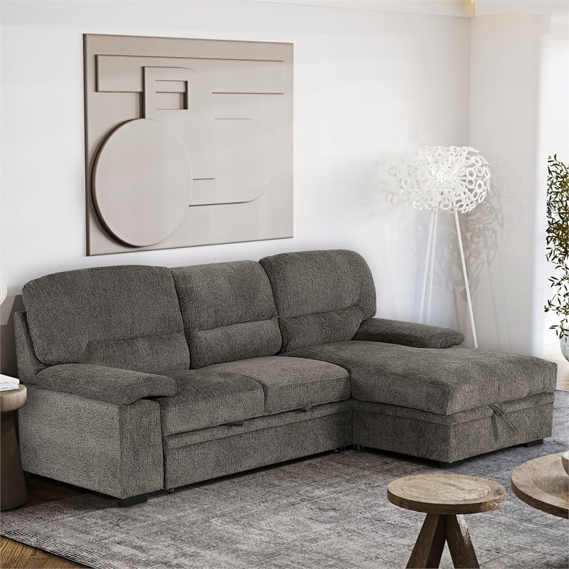 Pemberly Row Contemporary Sleeper Sectional Sofa with Storage in Gray