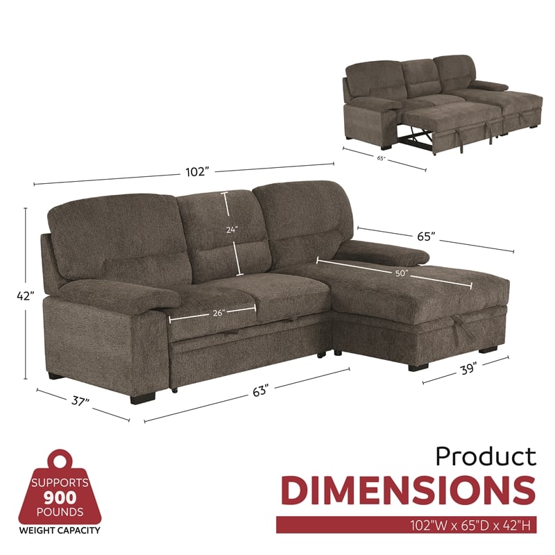 Pemberly Row Contemporary Sleeper Sectional Sofa with Storage in Gray