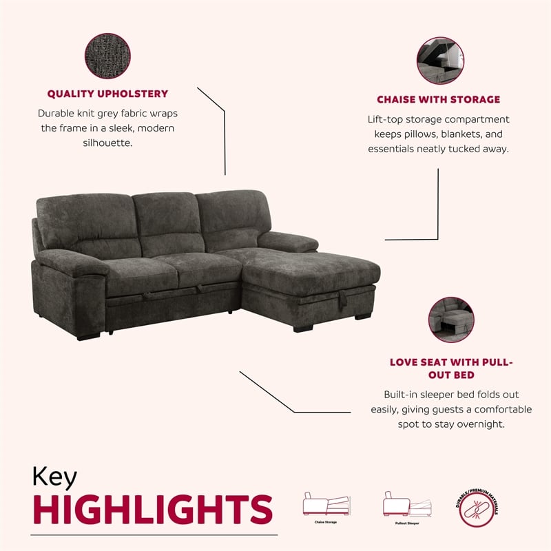 Pemberly Row Contemporary Sleeper Sectional Sofa with Storage in Gray