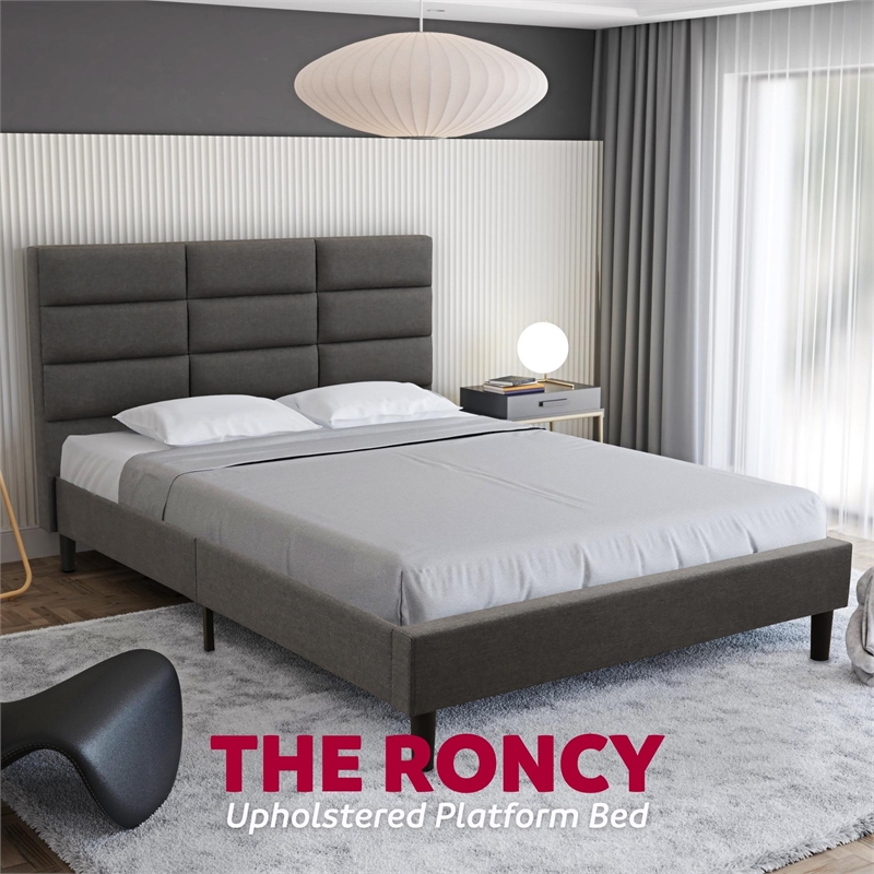 Pemberly Row Full Platform Bed with Padded Headboard in Gray