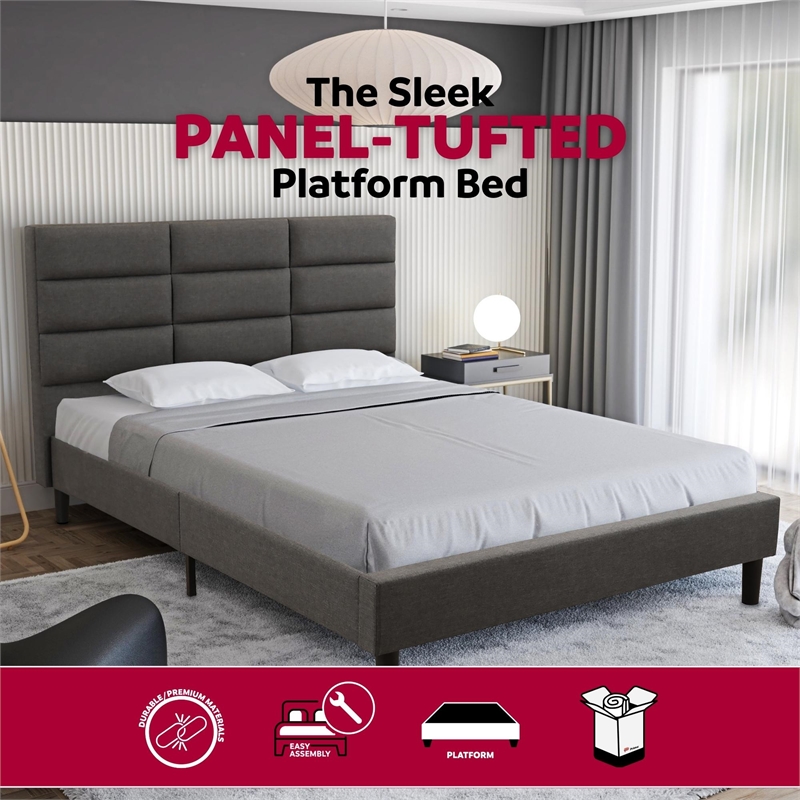 Pemberly Row Full Platform Bed with Padded Headboard in Gray