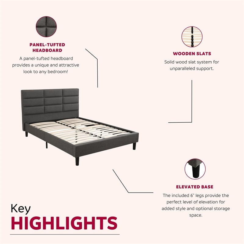 Pemberly Row Full Platform Bed with Padded Headboard in Gray