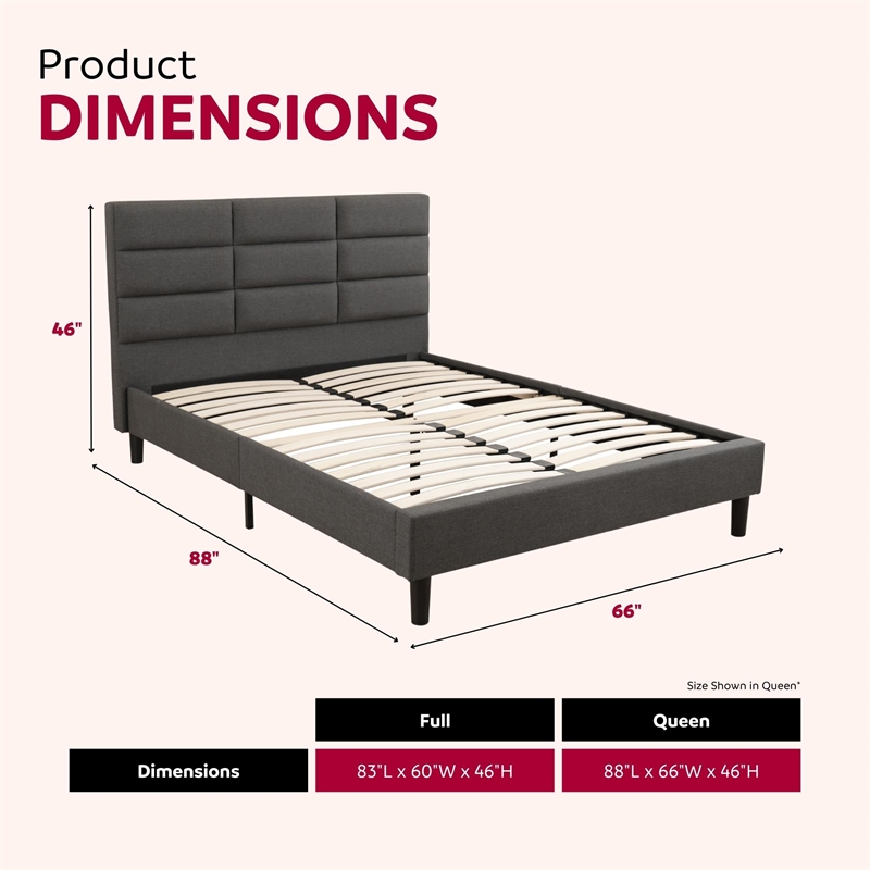 Pemberly Row Full Platform Bed with Padded Headboard in Gray