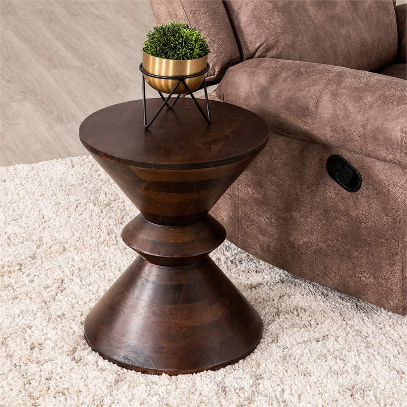 Pemberly Row Brown Mango Wood Round Pedestal Side Table Geometric Design