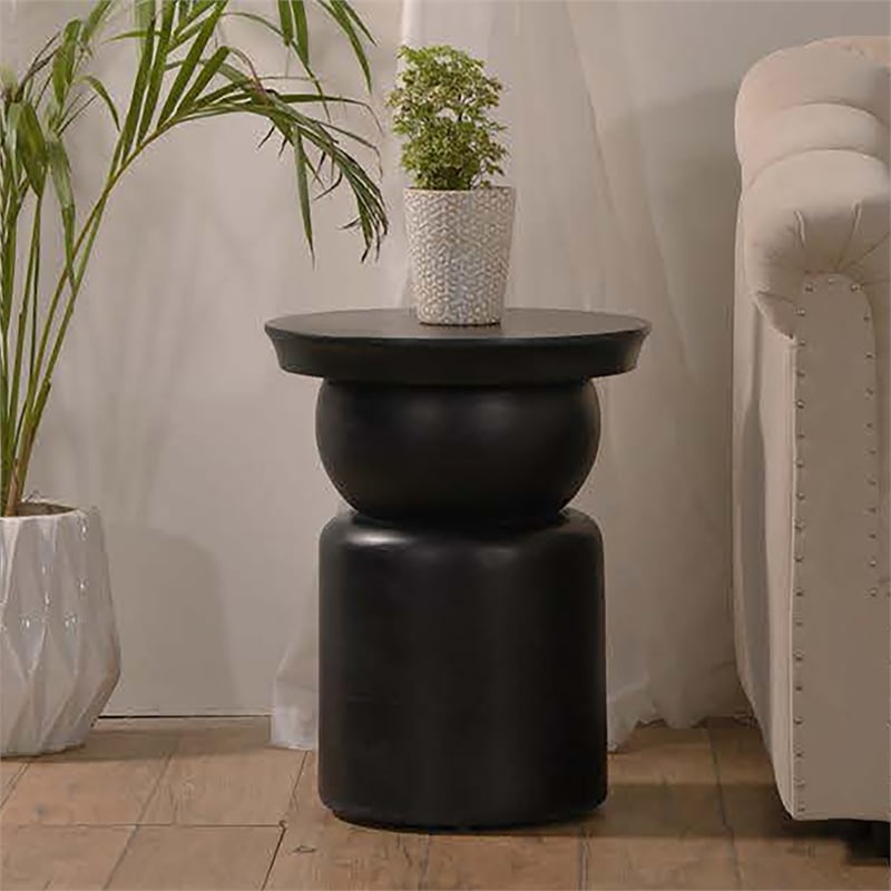 Pemberly Row Brown Wood Round Pedestal Side Table Black Sculpted Design