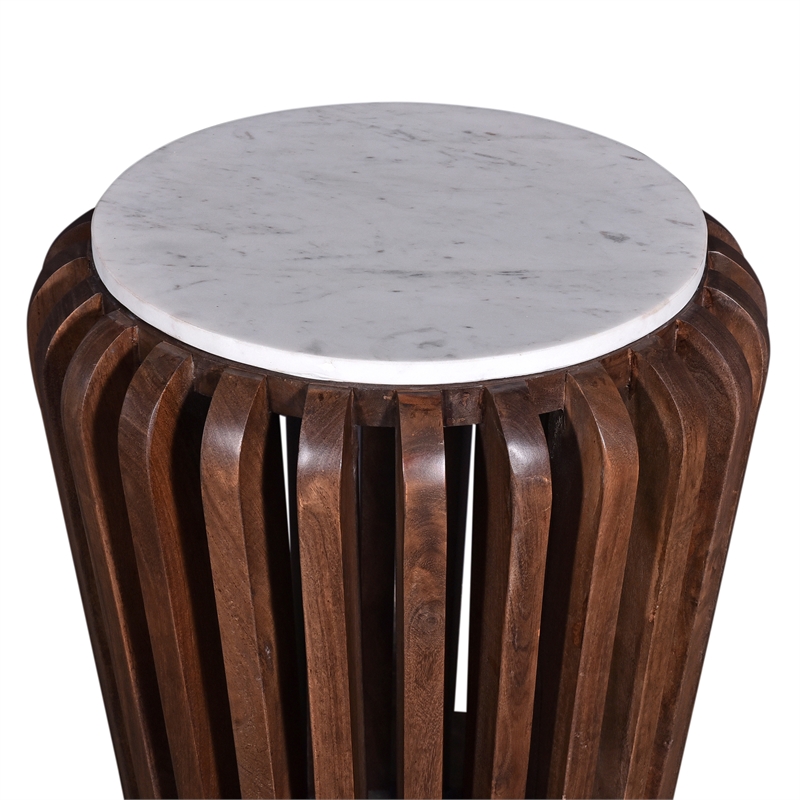 Pemberly Row Contemporary Brown Acacia Wood and White Marble End Table