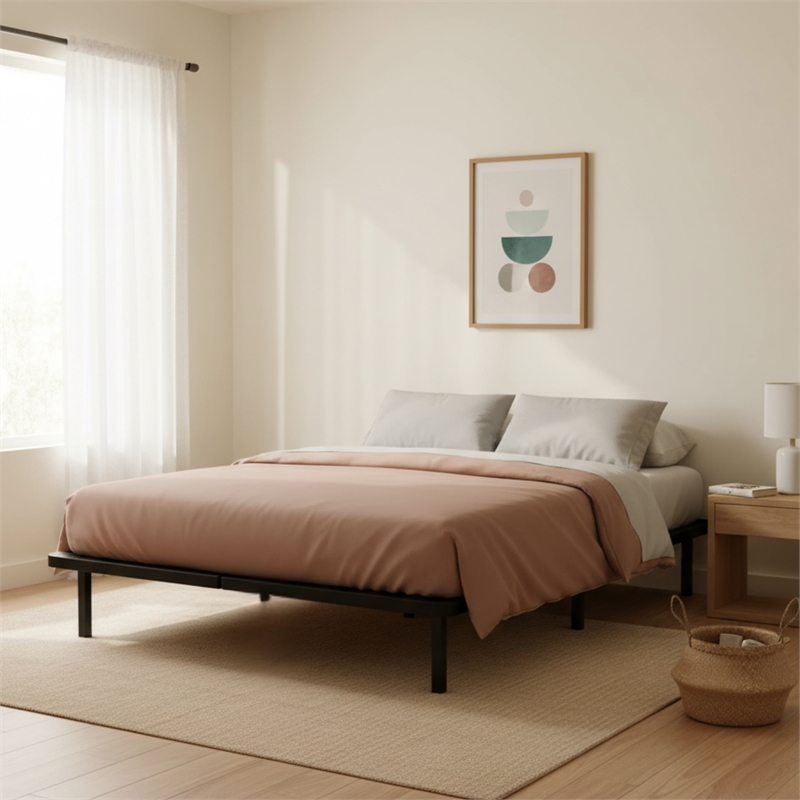 Pemberly Row Black Upholstered Queen Platform Bed Frame of Steel