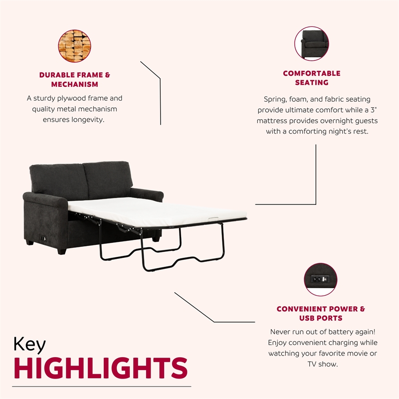 Pemberly Row 54-inch Dark Gray Twin Sleeper Sofa with USB Ports