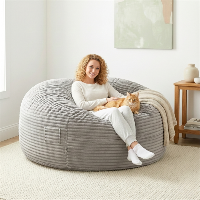 Pemberly Row 6 ft. Gray Faux Mink Bean Bag with Shredded Foam