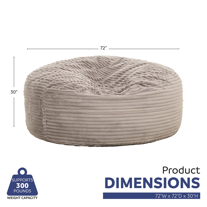 Pemberly Row 6 ft. Gray Faux Mink Bean Bag with Shredded Foam