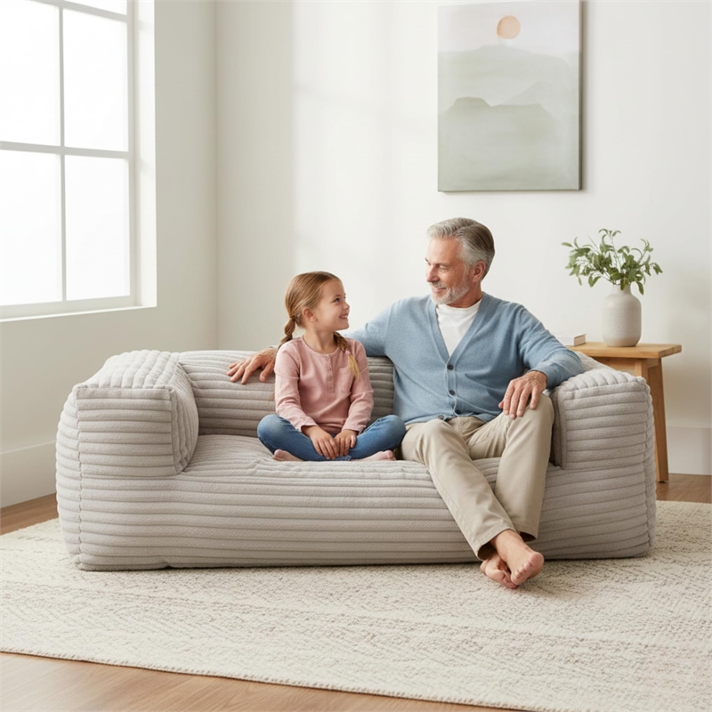 Pemberly Row Taupe Corduroy Memory Foam Bean Bag Sofa Shredded Foam