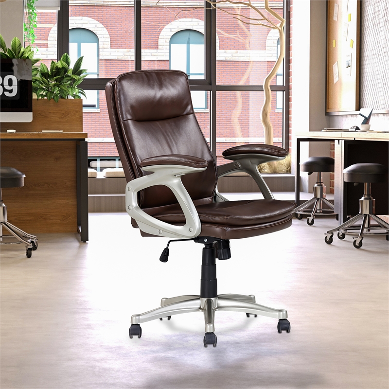 Pemberly Row Brown Faux Leather Mid Back Swivel Office Chair