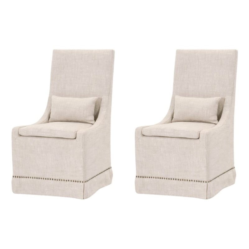 Pemberly Row Upholstered Fabric Dining Chair With Nail Heads in Beige (Set of 2)