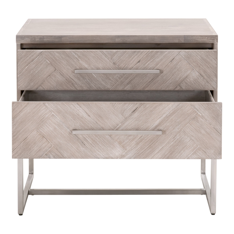 Pemberly Row 2-Drawer Wood Nightstand With Herringbone Design in Gray