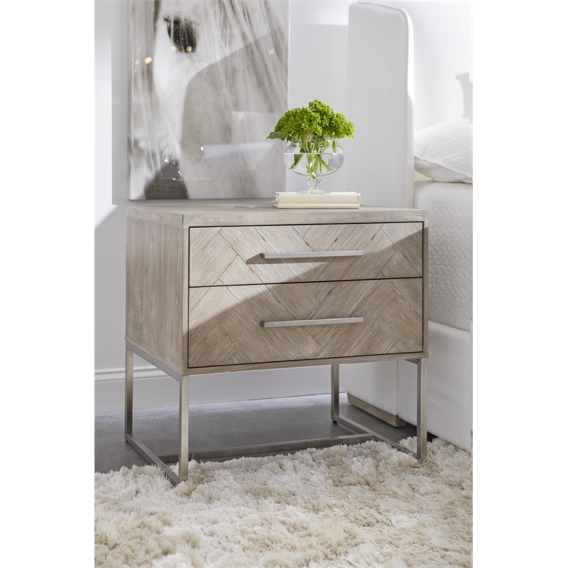 Pemberly Row 2-Drawer Wood Nightstand With Herringbone Design in Gray