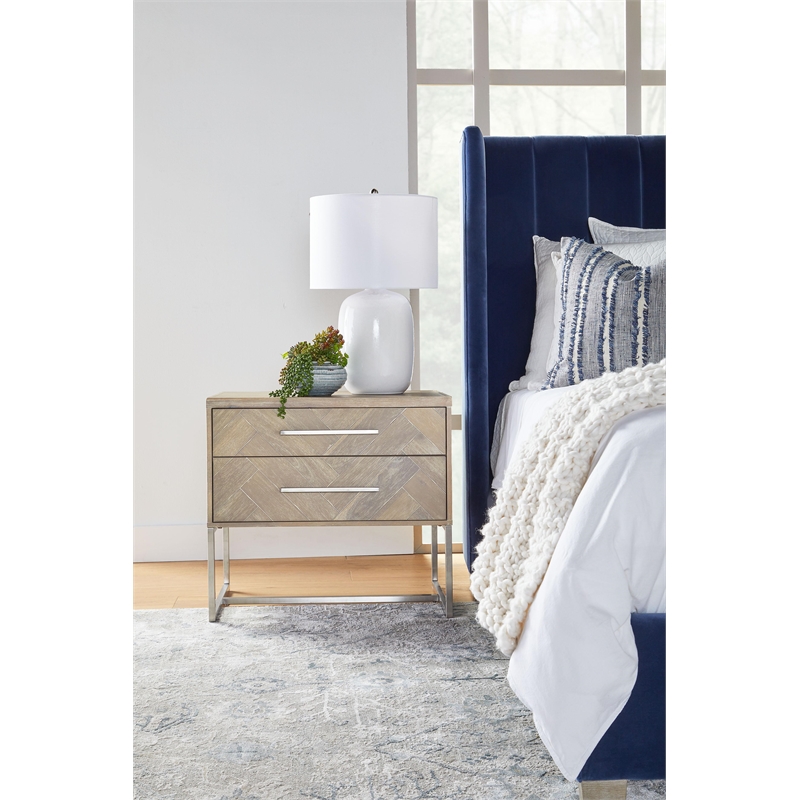 Pemberly Row 2-Drawer Wood Nightstand With Herringbone Design in Gray