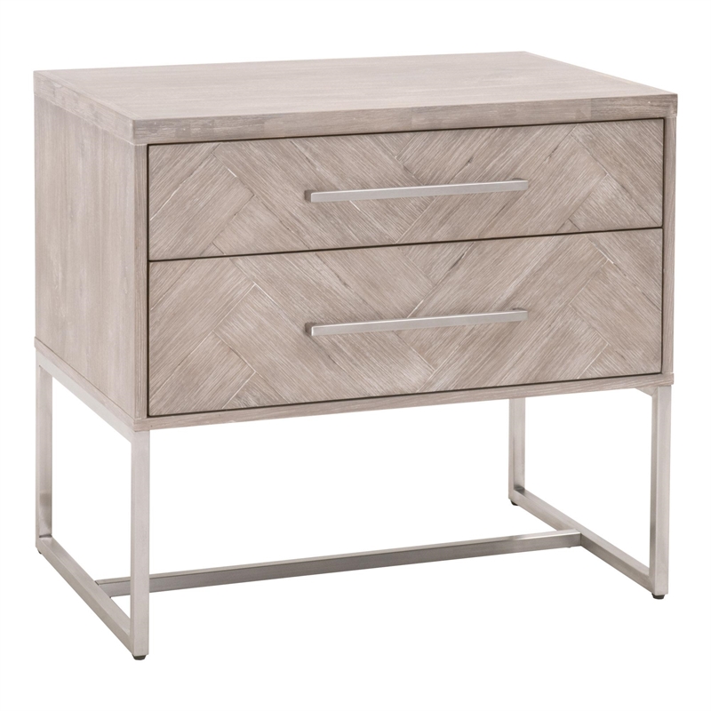 Pemberly Row 2-Drawer Wood Nightstand With Herringbone Design in Gray