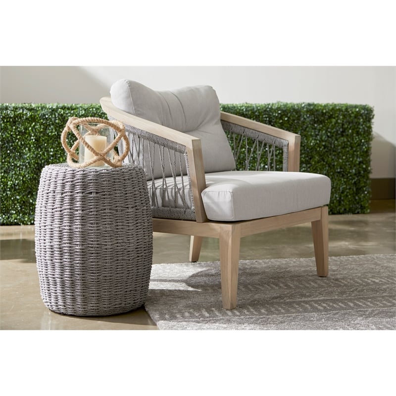 Pemberly Row Contemporary Barrel-Shaped Fabric Rope Accent Table in Gray