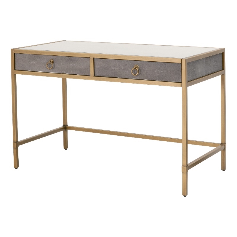 Pemberly Row Contemporary 2-Drawer Faux Shagreen Resin Desk in Gray/Gold