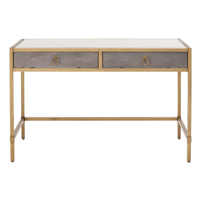 Pemberly Row Contemporary 2-Drawer Faux Shagreen Resin Desk in Gray/Gold