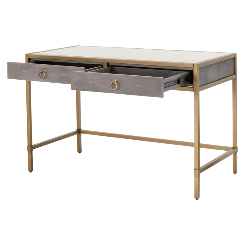 Pemberly Row Contemporary 2-Drawer Faux Shagreen Resin Desk in Gray/Gold