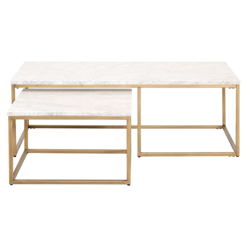 Pemberly Row Marble Veneer Nesting Coffee Table in White/Gold