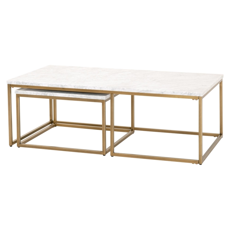 Pemberly Row Marble Veneer Nesting Coffee Table in White/Gold