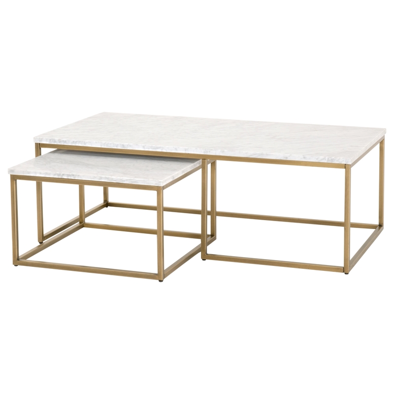 Pemberly Row Marble Veneer Nesting Coffee Table in White/Gold