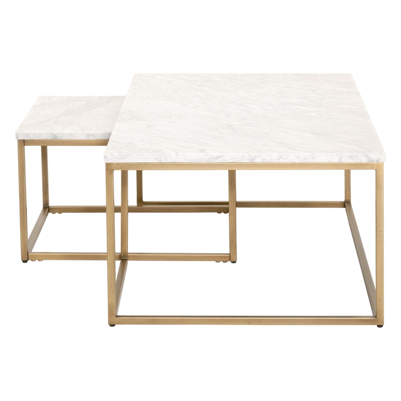 Pemberly Row Marble Veneer Nesting Coffee Table in White/Gold
